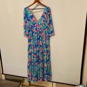 Lilly Pulitzer Blue Tropical Floral V-Neck Maxi Dress with Pink & Green Accents